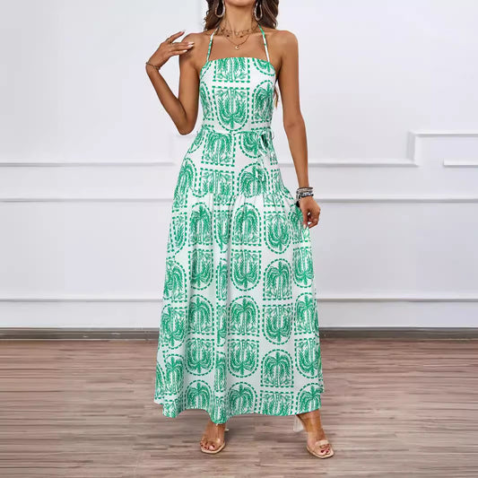 Vestido floral halter para playa y vacaciones estilo hawaiano para mujer