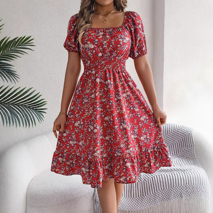 Spring Summer Floral Square Collar Short Sleeve Waist Controlled Ruffled A line Women Clothing - Wanita Store