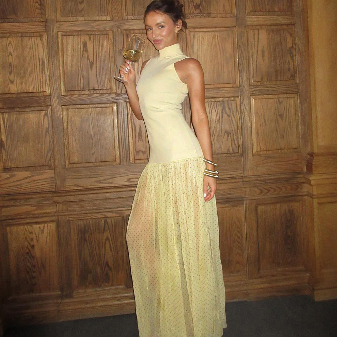 Summer Women Clothing High Collar Slim-Fitting Patchwork Maxi Dress Polka Dot Dress