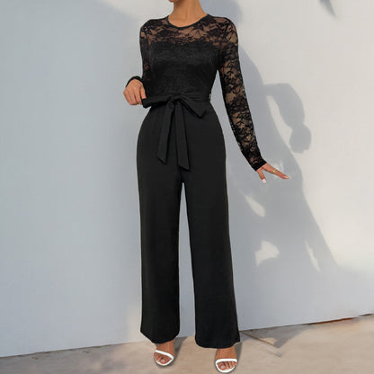 Autumn Jumpsuit Lace Stitching Zipper Lace Up Solid Color Jumpsuit - Wanita Store