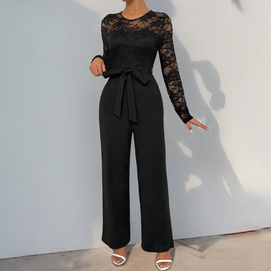 Autumn Jumpsuit Lace Stitching Zipper Lace Up Solid Color Jumpsuit
