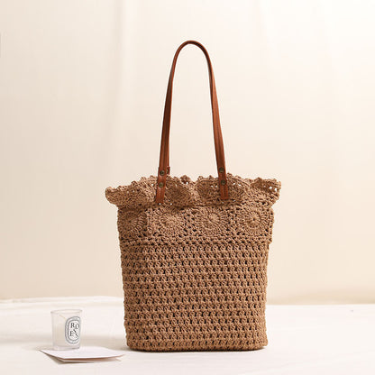 Hollow Out Cutout Floral Single Shoulder Cotton Thread Woven Bag Lace Straw Bag Vacation Beach Bag Office Women Bag - Wanita Store