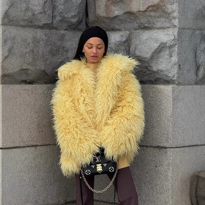 Manteau en peluche jaune, Fausse fourrure, Manteau en fourrure respectueux de l'environnement, Haut pour femme oversize