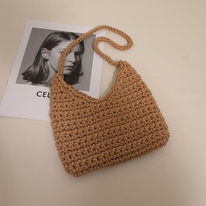 Single Shoulder Cotton Thread Woven Bag Solid Color Single Shoulder Women Bag Casual Underarm Bag Vacation Beach Bag - Wanita Store