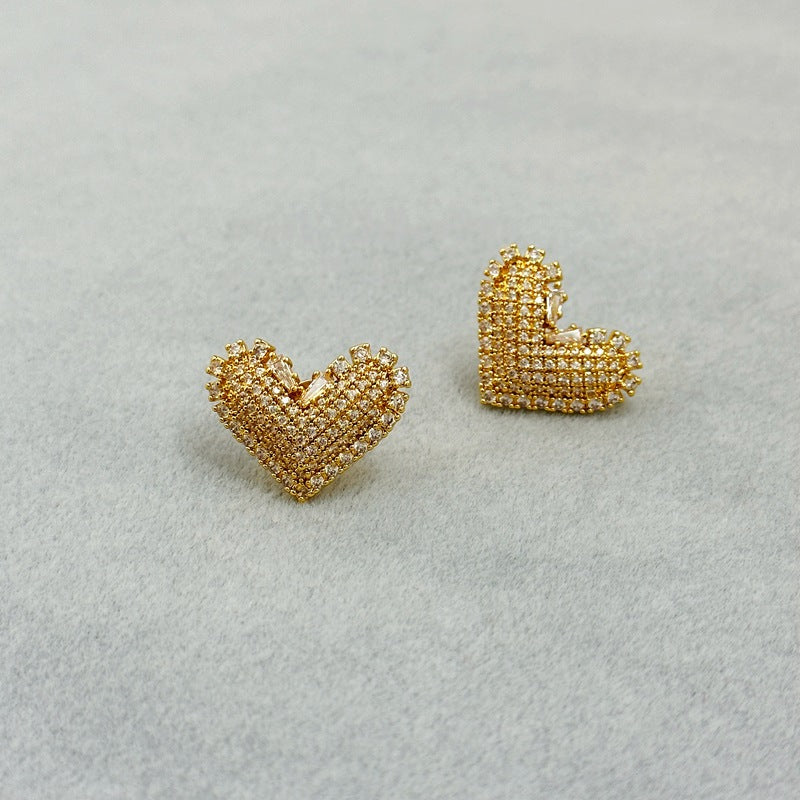 Sweet Elegant High-Grade Diamond Three Dimensional Love Heart Stud Earrings Affordable Luxury Exquisite Peach Heart 925 Earrings Women - Wanita Store