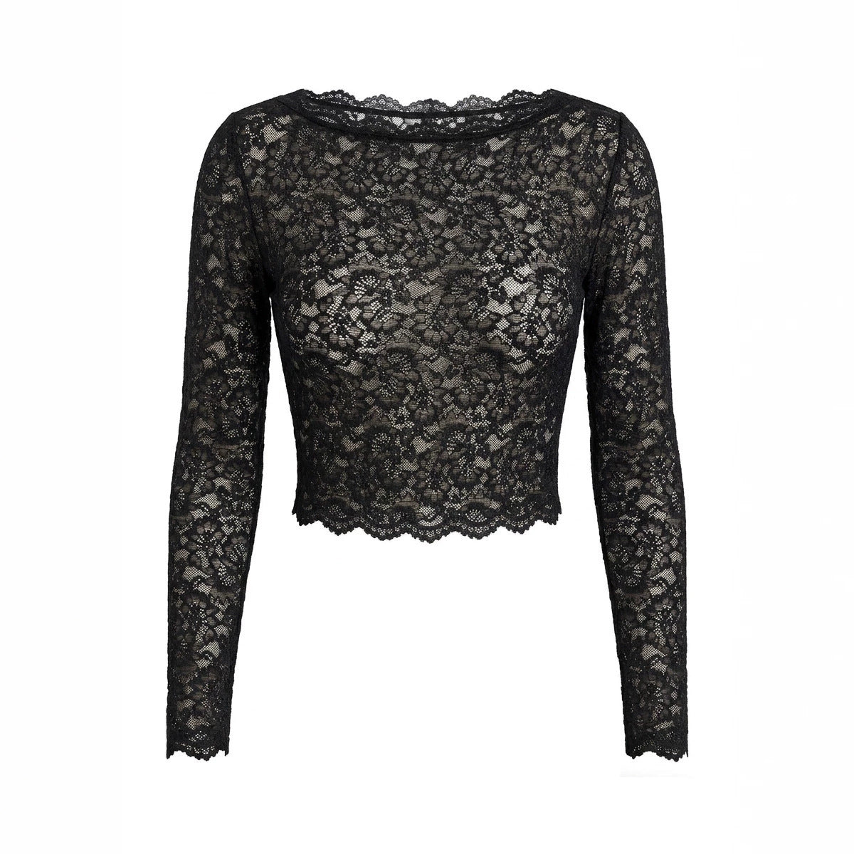 Camiseta Larga de Encaje de Manga Larga para Mujer, Sexy Transparente de Malla, Ajustada e Interior