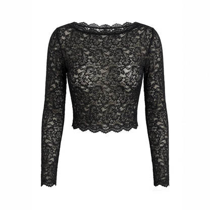 Camiseta Larga de Encaje de Manga Larga para Mujer, Sexy Transparente de Malla, Ajustada e Interior