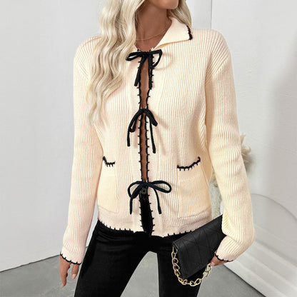 Sweet Chanel Bow Lace up Turn down Collar Trim Contrast Color Sweater Women Cardigan - Wanita Store