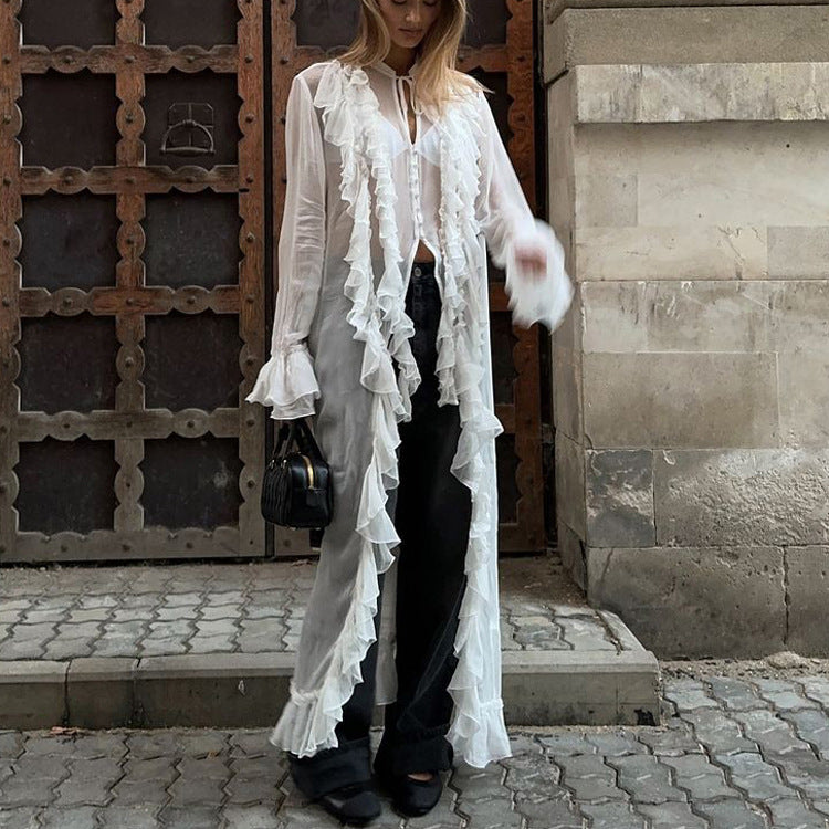 Diseño de ropa para mujer Vestido de gasa con volantes Transparente sexy Manga larga Abotonado Vestido sexy