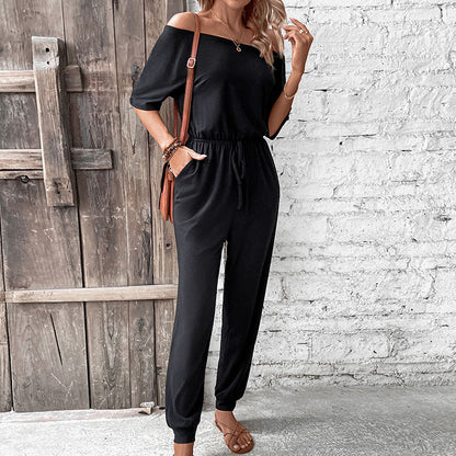 Women Casual Vacation Jumpsuit off Shoulder Solid Color One Piece Trousers - Wanita Store