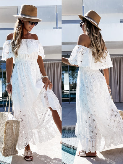 Bohemian Lace Dress White Beach Dress Tube Top off-Shoulder Sexy Dress for Women Eyelet Embroidery - Wanita Store
