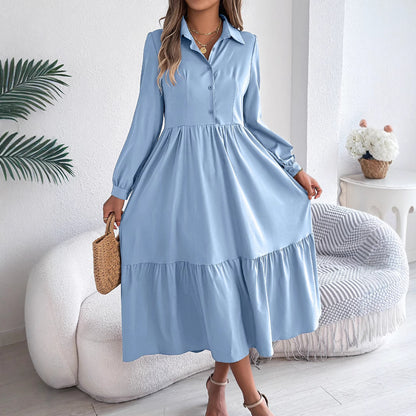 Autumn Winter Collared Casual Loose Long Sleeve Ruffled Shirt Dress Women Clothing - Wanita Store