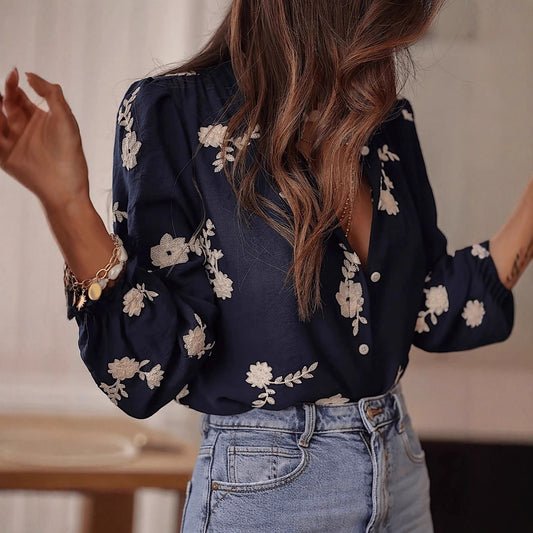 Popular Spring Autumn Women Cardigan Puff Sleeve Wooden Ear Collar Embroidered Casual Shirt Top - Wanita Store