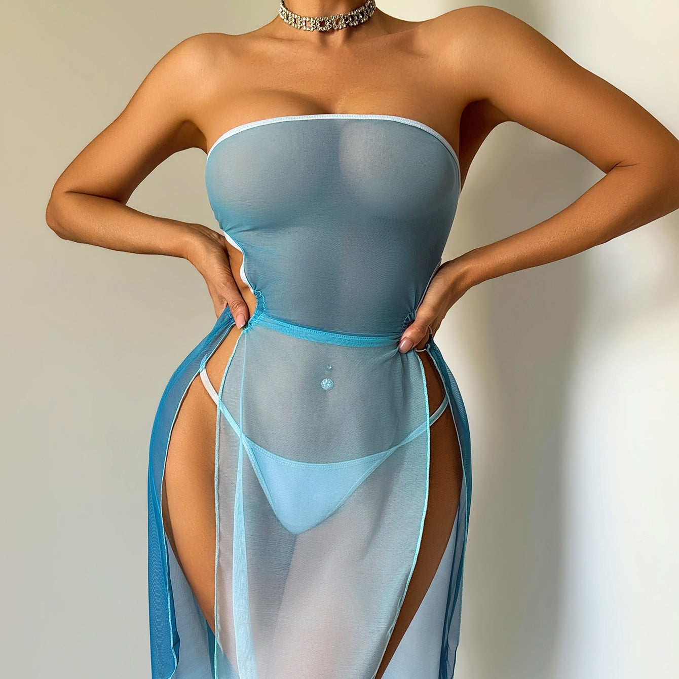 Sexy See through Mesh Tube Top Hollow Out Cutout out Cropped Body Shaping Sexy Vacation Skirt Set