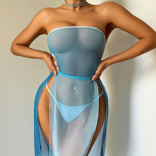 Sexy See through Mesh Tube Top Hollow Out Cutout out Cropped Body Shaping Sexy Vacation Skirt Set