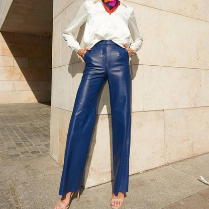 Women Clothing Spring Faux Leather Mid High Waist Hip Lifting Straight Women Casual Pants Women Pants - Wanita Store