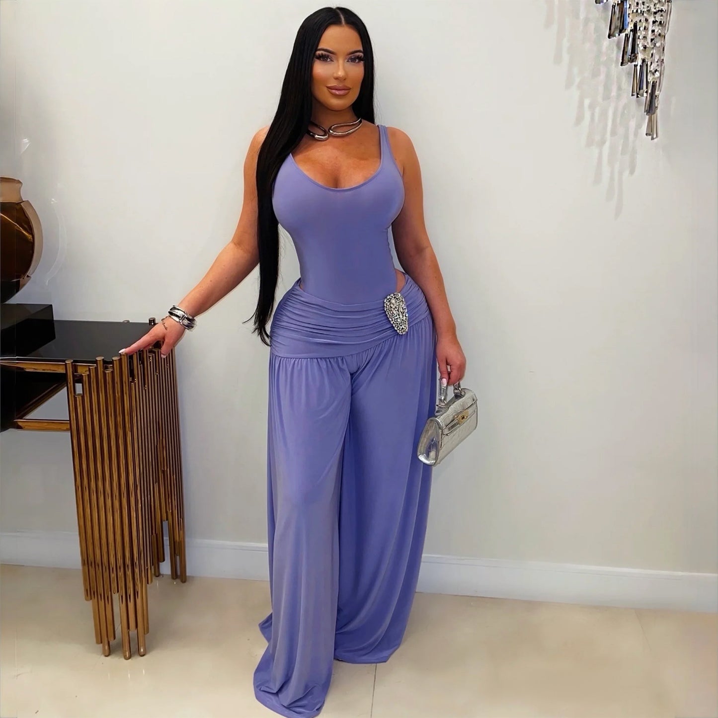 Women Clothing Solid Color U Collar High Waist Slim Fit Wide Legged Pants Sexy Casual Jumpsuit