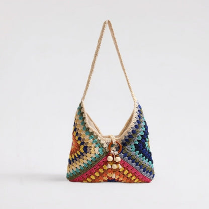 Ethnic Single Shoulder Cotton Thread Woven Bag Color Grandmother Grid Straw Bag Vacation Beach Bag Women Bag - Wanita Store