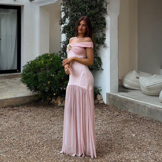 Elegant Tube Top Ladies Dress Sexy Mesh Stitching Backless Pleated Slim Fit Maxi Dress