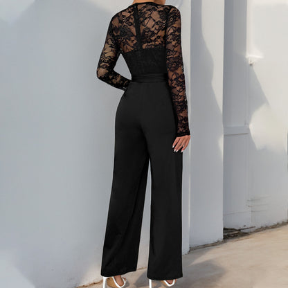 Autumn Jumpsuit Lace Stitching Zipper Lace Up Solid Color Jumpsuit - Wanita Store