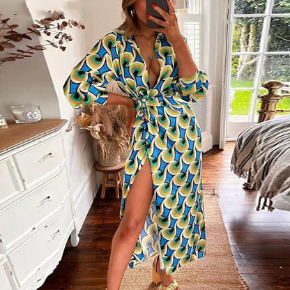 Women Clothing Autumn Sexy Slit Lace up Waist Controlled V neck Shirt Elegant Dress Women - Wanita Store