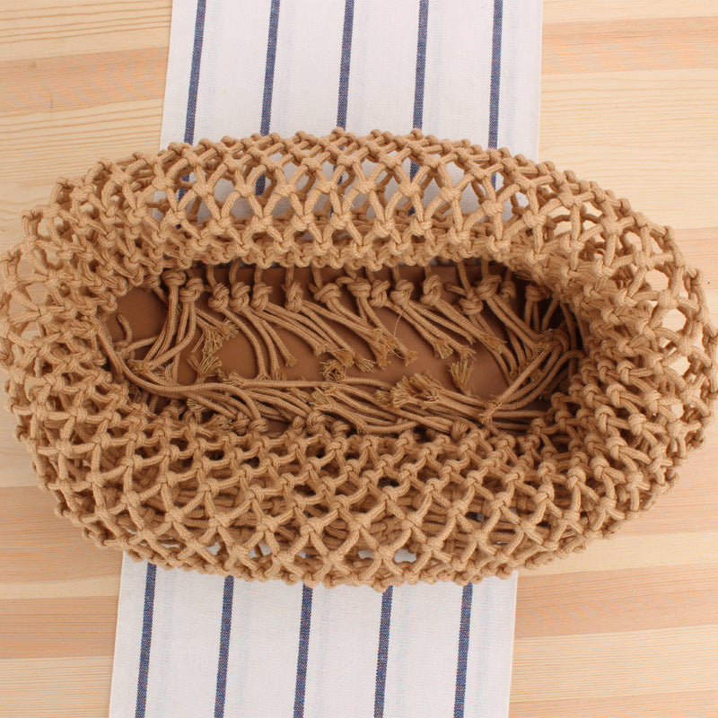 Solid Color Net Pocket Hand-Woven Bag Mori Hand-Tied Cotton Thread Hand-Carrying Shoulder Vacation Beach Bag