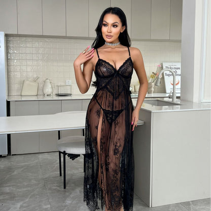 Sexy Underwear Tramsparent Yarn Lace Sexy Embroidered Slip Top Nightdress Pajamas Dress