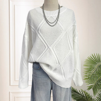 Top Platform Women Clothing Diamond Plaid Jacquard Loose Fitting Idle Casual Pullover Sweater - Wanita Store