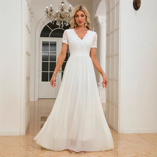 Women Clothing Short Sleeve V neck Slim Fit Dress Dinner Formal Dress