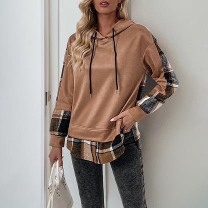 Casual Retro Long Sleeve Plaid Stitching British Velvet Faux Two Piece Hooded Sweater - Wanita Store