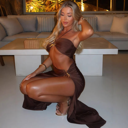 Women Clothing Summer Sexy Lace up Cutout Metal Decoration Split Dress - Wanita Store