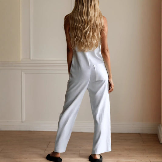Women Clothing Casual Loose Sleeveless Single Breasted Wide Leg Pants Outdoor Cargo Overalls