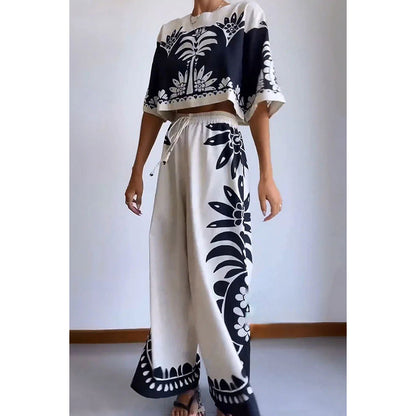 Spring Summer Casual Short Sleeve Suit Loose Vacation Elastic Waist Women Clothing Two Piece Set - Wanita Store
