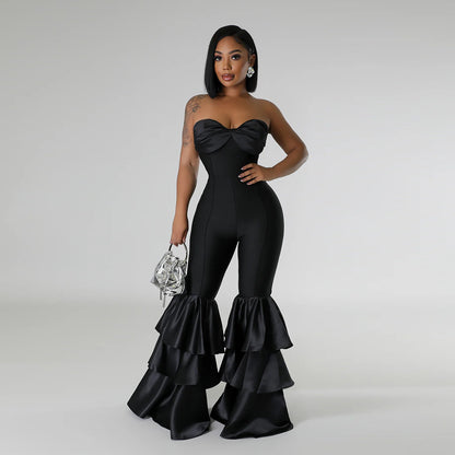 Sexy Tube Top Solid Color Pleated Lace Jumpsuit for Women - Wanita Store