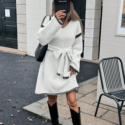 Idle Tie Waist Trimming Loose Knitted V neck Long Sleeve Fall Mid Length Dress Women - Wanita Store