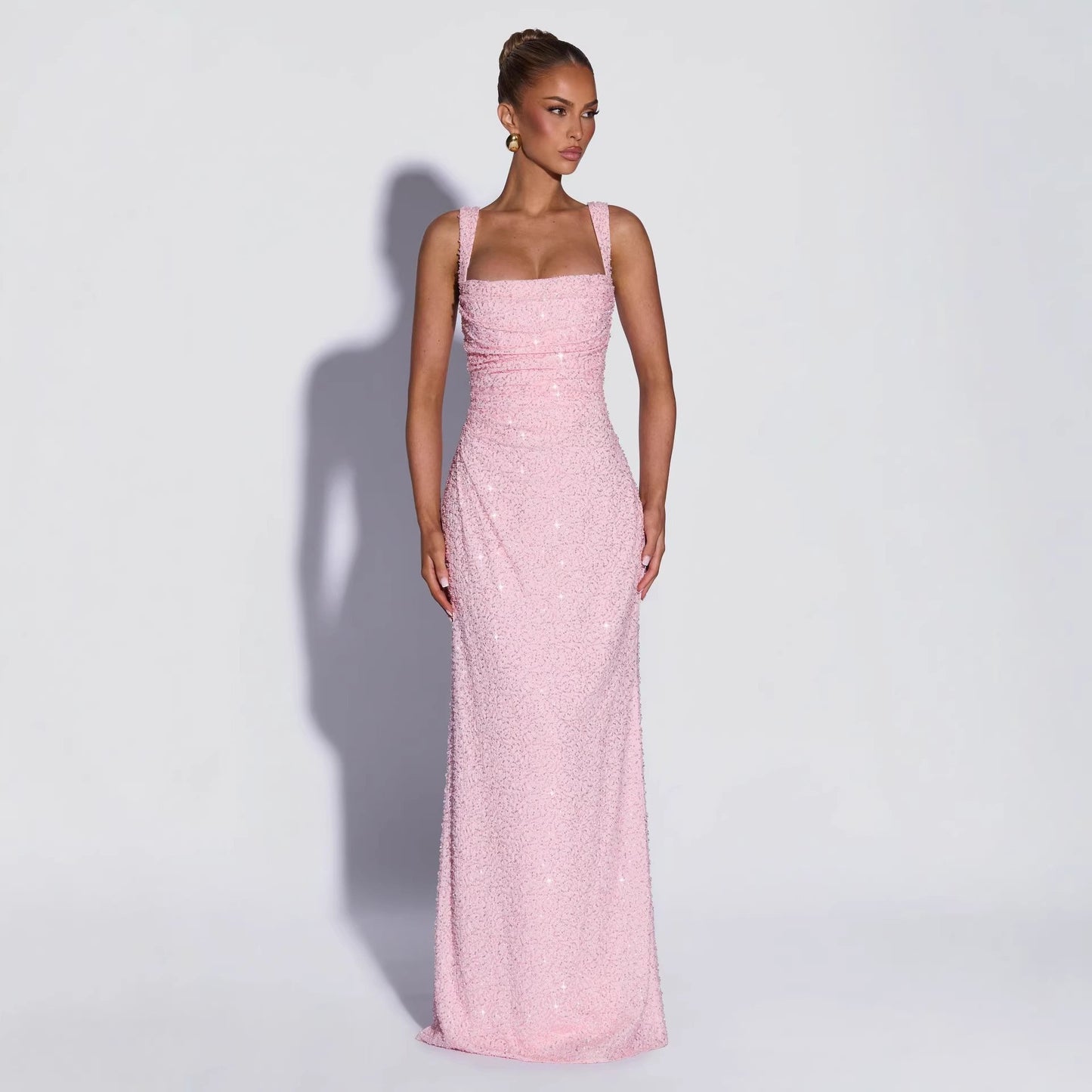 Personalized Sequined Solid Color Tube Top Dress Women Spring Sleeveless Suspenders Split Waist Fitted Maxi Dress