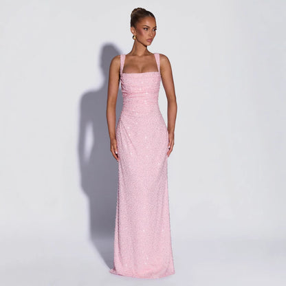 Vestido maxi ajustado de mujer, con tirantes sin mangas, abertura en la cintura, color liso con lentejuelas y personalizado, para primavera