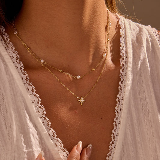 Double Layer Six Pointed Star Rhinestone Pearl Stainless Steel Necklace 18K Gold Plating Ornament - Wanita Store