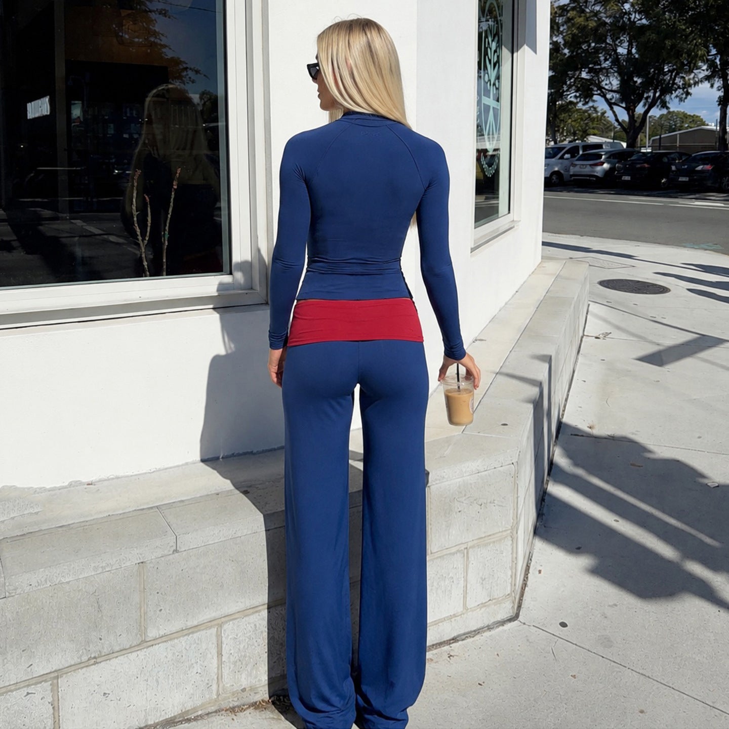 Street Sports Casual Yoga Stand Collar Long Sleeve Zipper T shirt Waist Contrast Color Straight Wide Leg Pants