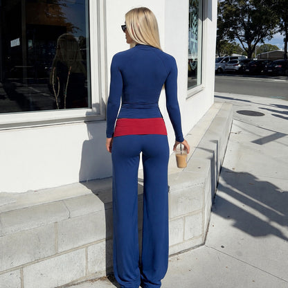 Street Sports Casual Yoga Stand Collar Long Sleeve Zipper T shirt Waist Contrast Color Straight Wide Leg Pants