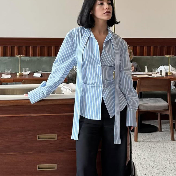 Vêtements Femme Chemise Rayée à Col Chemise Cardigan à Lacets Manches Longues Taille Ajustable pour Femme