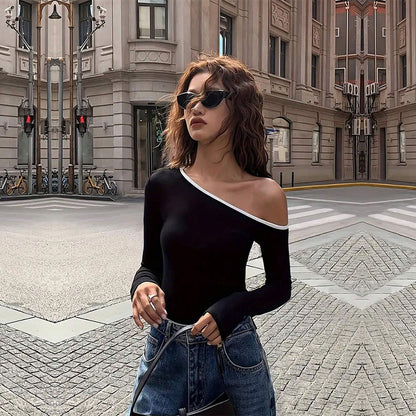 Women Clothing Trendy Diagonal Collar T Shirt Autumn Winter Unique Niche Off Shoulder Top - Wanita Store