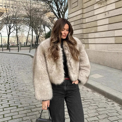 Faux Fur Coat Soft Fur Collar Wide Cuff Matching Sweater Jeans Design Autumn Winter Clothing - Wanita Store