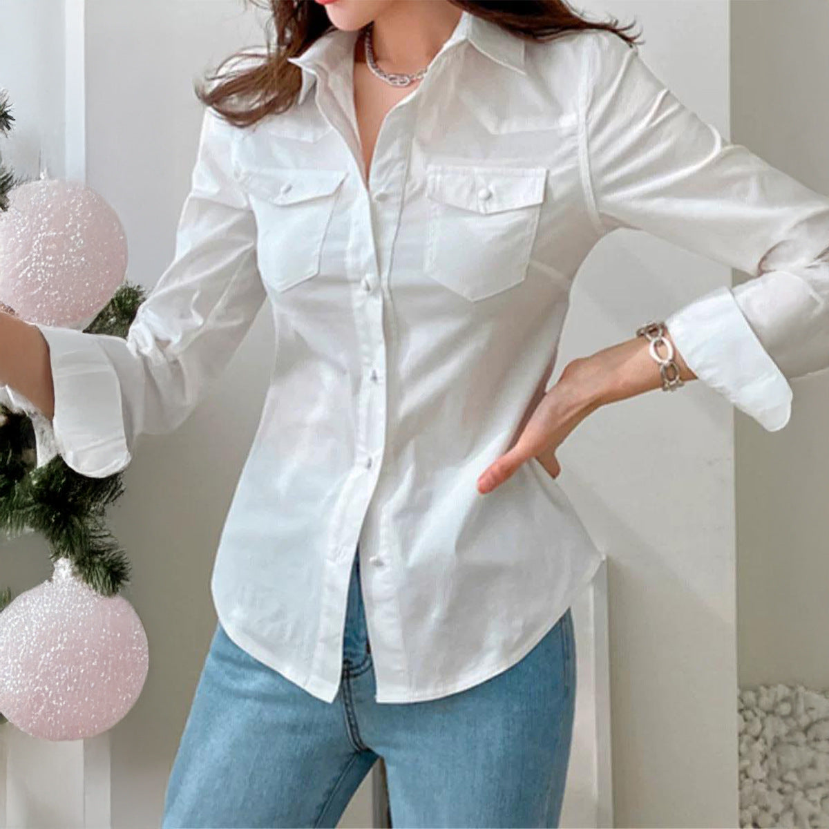 Women Clothing Autumn Simple Vacation Button Long Sleeve Tops Shirt - Wanita Store
