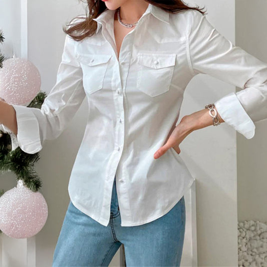 Women Clothing Autumn Simple Vacation Button Long Sleeve Tops Shirt - Wanita Store