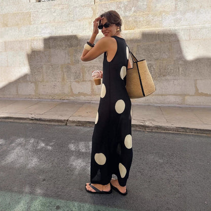 Autumn Winter Polka Dot Casual Slimming Knitted Maxi Dress Bohemian Beach See through Dress Women - Wanita Store