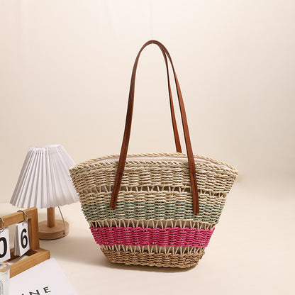 Colorful Striped Shoulder Straw Bag Large Capacity Straw Bag Woven Bag Rattan Women Bag Portable Vegetable Basket - Wanita Store