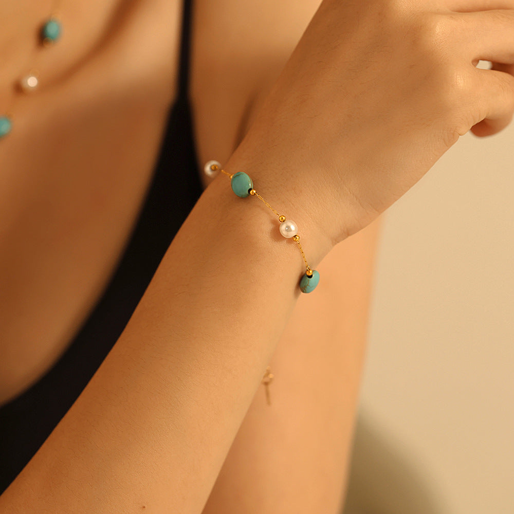 Niche Natural Turquoise Imitation Pearl Necklace Bracelet Stainless Steel Light Luxury Elegant Outfit - Wanita Store