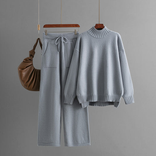 Cold Proof Knitted Suit Women Thick Loose Sweater Half High Collar Long Sleeves Two Piece Suit Women