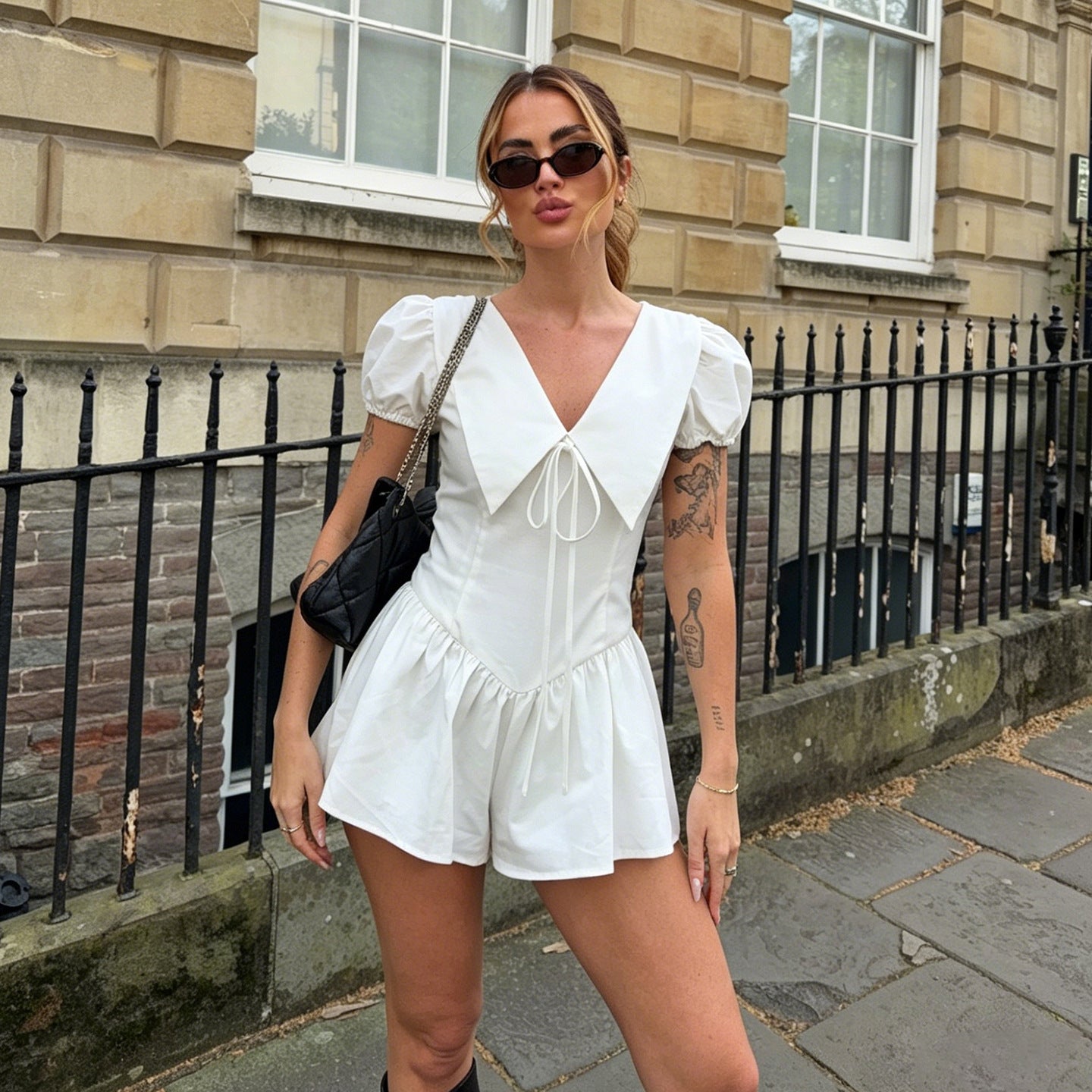 Puff Sleeve Cute V neck Lace up Short Sleeve Romper Summer Street Sexy Casual One Piece